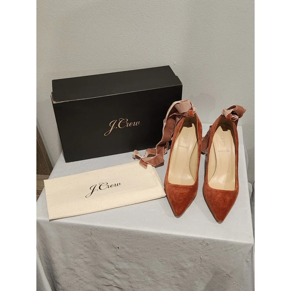J.Crew Elsie Velvet Ankle-Wrap Pumps Rusted Red Size 6.5 W/Dust Bag & Box - Picture 1 of 13